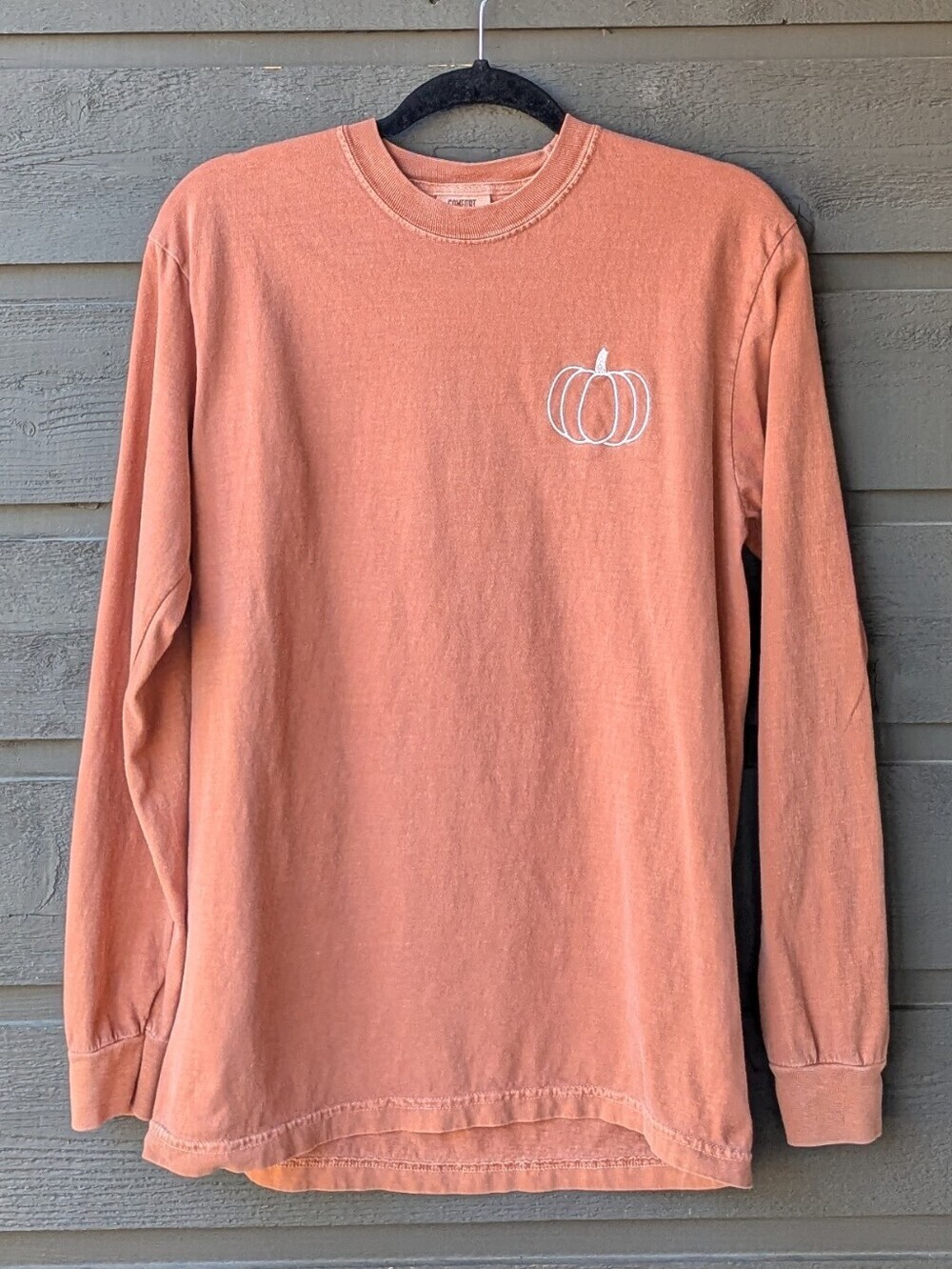 Comfort Colors 100% Cotton Baked Terracotta Embroidered Pumpkin Long Sleeve Tee